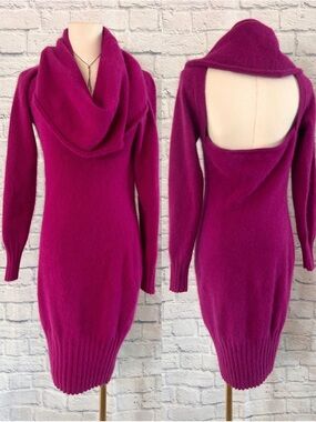 MODA Open-Back Cowl Neck Angora Rabbit Hair Sweater Dress Pink Office Siren Mini